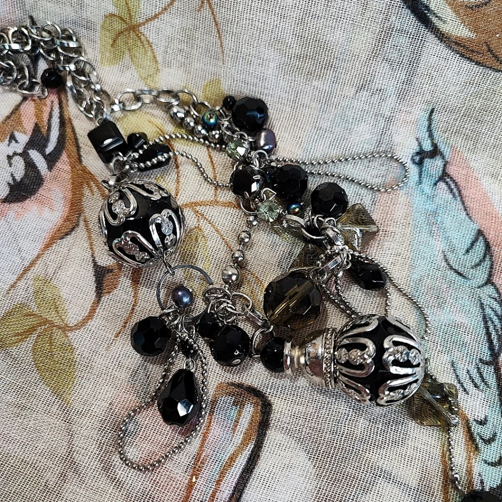 Silver Tone Ball Chain Asymmetrical Black Glass Oil Slick Big Bell Cap Necklace